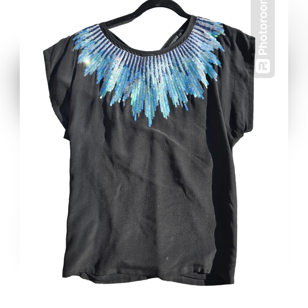 MM Couture by Miss Me Black Sequin Starburst Short Sleeve Top Size Medium